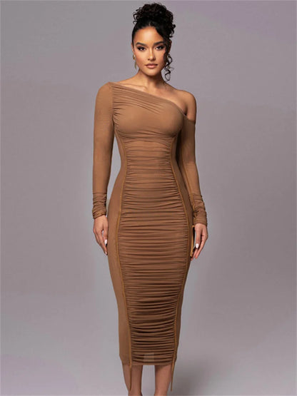 White Mesh Off-shoulder Maxi Dress Female Long Sleeve Patchwork Contrast Summer Backless Party Long Dress