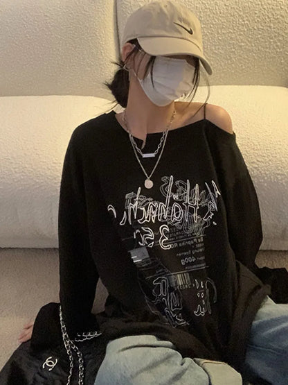 Y2k T-shirt Fairy Grunge Letter Print Tops Black Autumn Off Shoulder Long Sleeved Korean Tees Loose Harajuku Shirt