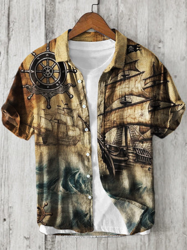 Men's Vintage Ship Sea Waves Navigation Beach Linen Shirt elevenforest