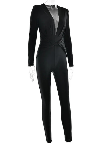 Deep V Elastic Tight Long Sleeved Jumpsuit Autumn Winter New Female Jumpsuit Temperament Street Clothing