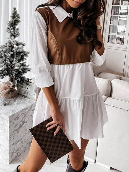 Long Sleeves Loose Contrast Color Pleated Split-joint Lapel Mini Dresses