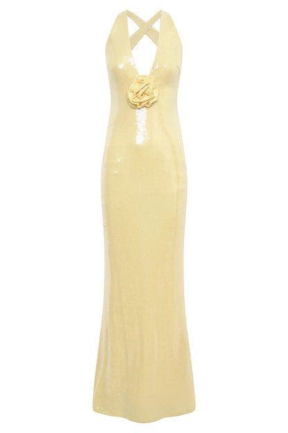 Sicilian Rose Sequin Three-dimensional Backless Maxi Dress
