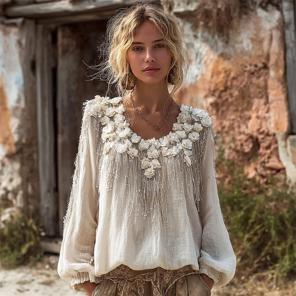 Boho Hydrangea Tassel Embroidery Women's Linen Long Sleeve Shirt elevenforest