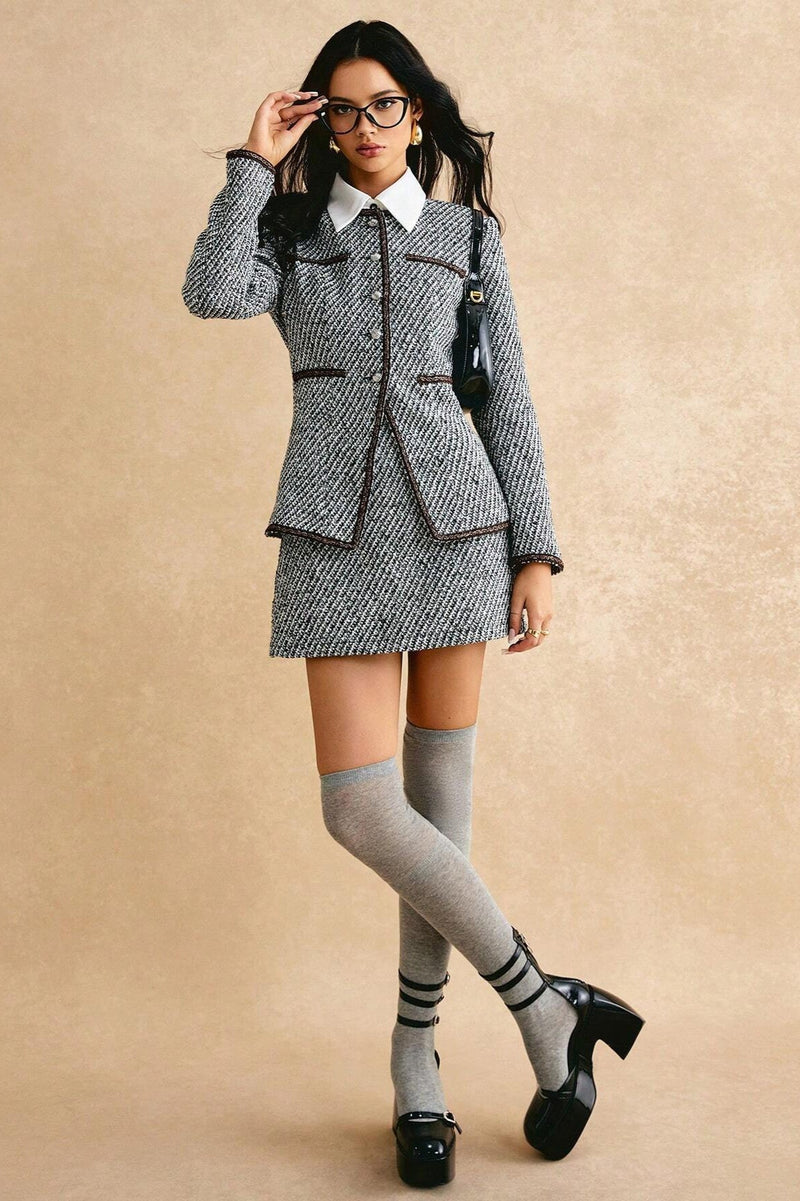 Tweed Lapel Jacket & Skirt Two Piece Set