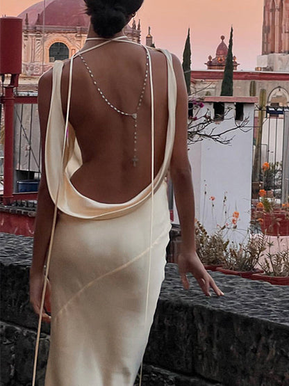 Champagne Satin Backless Tie Up Maxi Dress