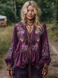 Women's Casual Purple Floral Embroidered Linen Long Sleeve Shirt elevenforest