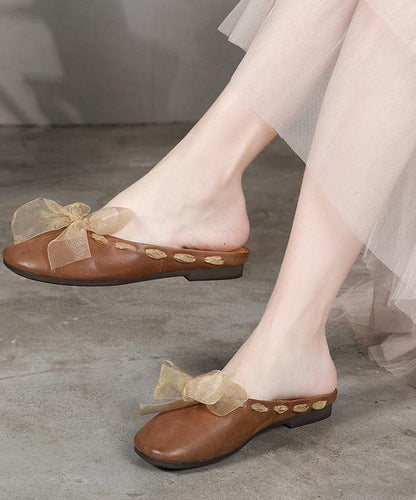 Lace Up Flat Shoes Brown Cowhide Leather Slippers