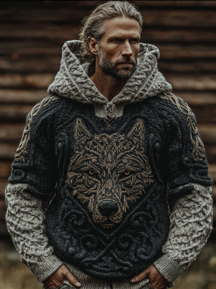 Men's Viking Style Wolf Totem Patchwork Hooded Sweater artswardrobe