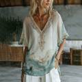 Vintage Marble Texture Collection Retro Bohemia Women Style Gradient Gilded Pattern Linen Round Neck T-shirt elevenforest