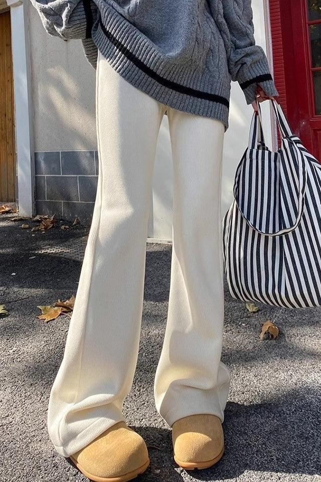 White Plush Flared Knit Pants