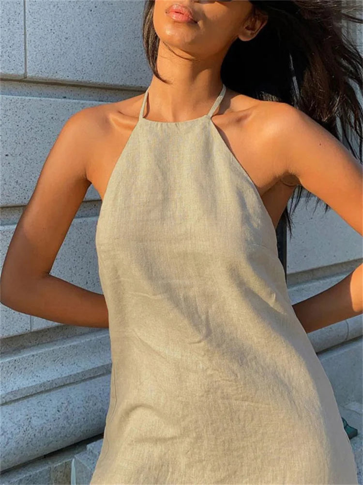 Female Backless Mini Dress Lace-up Basic Hanging Neck Patchwork Off-shoulder Dress Dress