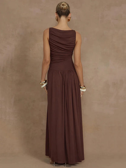 Sleeveless Maxi Dress for Boat Neck Tank Dresses Ruched Long Dress New Gown