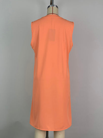 Loose Sleeveless Pleated Color V-neck Mini Dresses