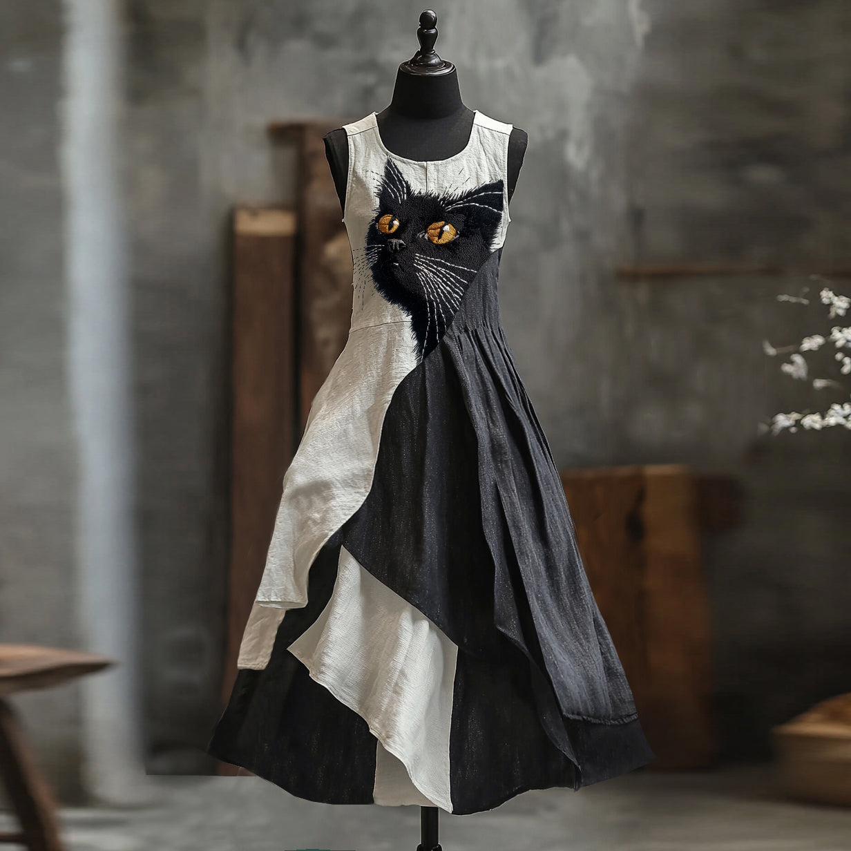 Cute Black Cat Embroidered Art Linen Contrast Color Sling Dress elevenforest