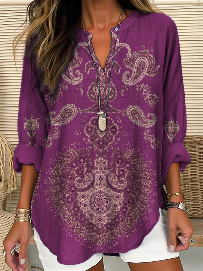 Ethnic Bohemian Floral  Women's Casual Linen Blend Shirt elevenforest