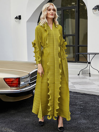 Original Loose Long Sleeves Tied Pleated Falbala Color V-neck Maxi Dresses
