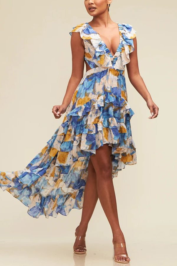 Print V-neck Backless Resort Maxi Dress