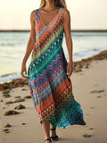 Women's Ethnic Colorful Collage Art Print Pocket V Neck Cotton Dress