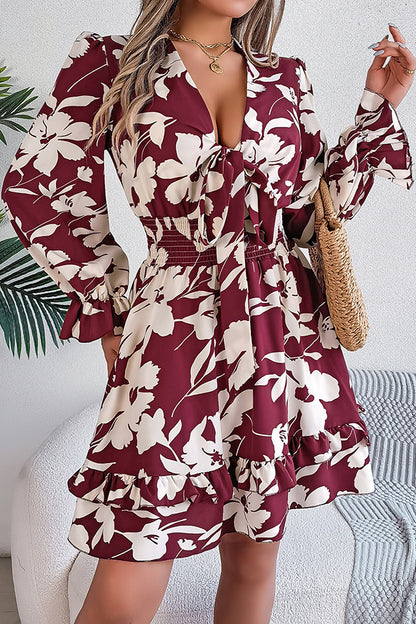 Print V-neck Lace-up Long-sleeve Elastic Waist Mini Dress