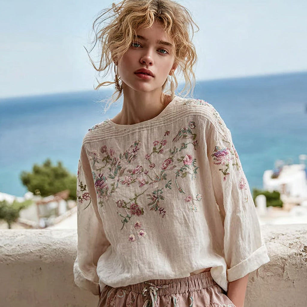 Women's Vintage Floral Embroidery Linen Crew Neck Long Sleeve T-shirt elevenforest
