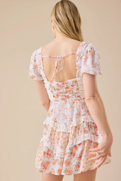 Lace Patchwork V Neck Puff Short Sleeve Mini Dress