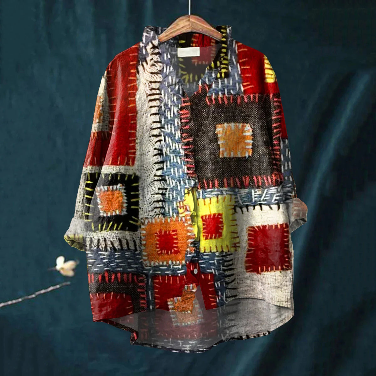 Elegant Geometric Patchwork Pattern Art Linen Ruffle Shirt elevenforest