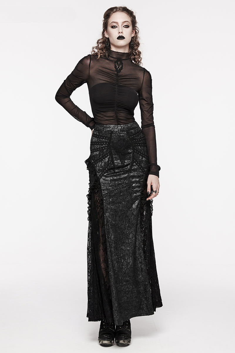 Textured Gothic Midi Party Club Decoration Lace Splicing Long Skirt