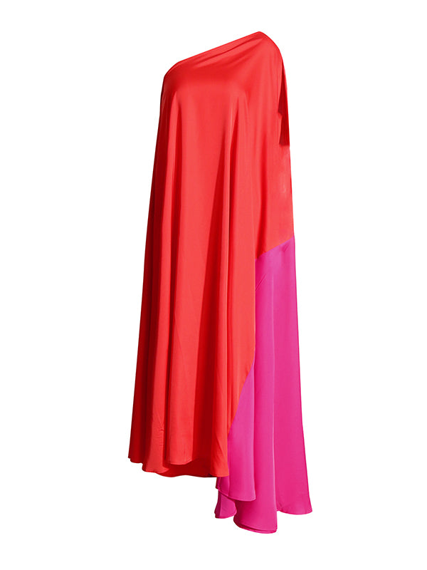 High Waisted Loose Asymmetric Contrast Color Split-joint One-shoulder Maxi Dresses