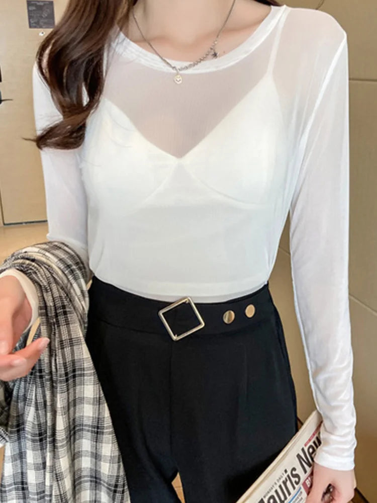 Summer Korean Mesh T-shirts Transparent Tops for Loose White Transparent Office Lady Shirts