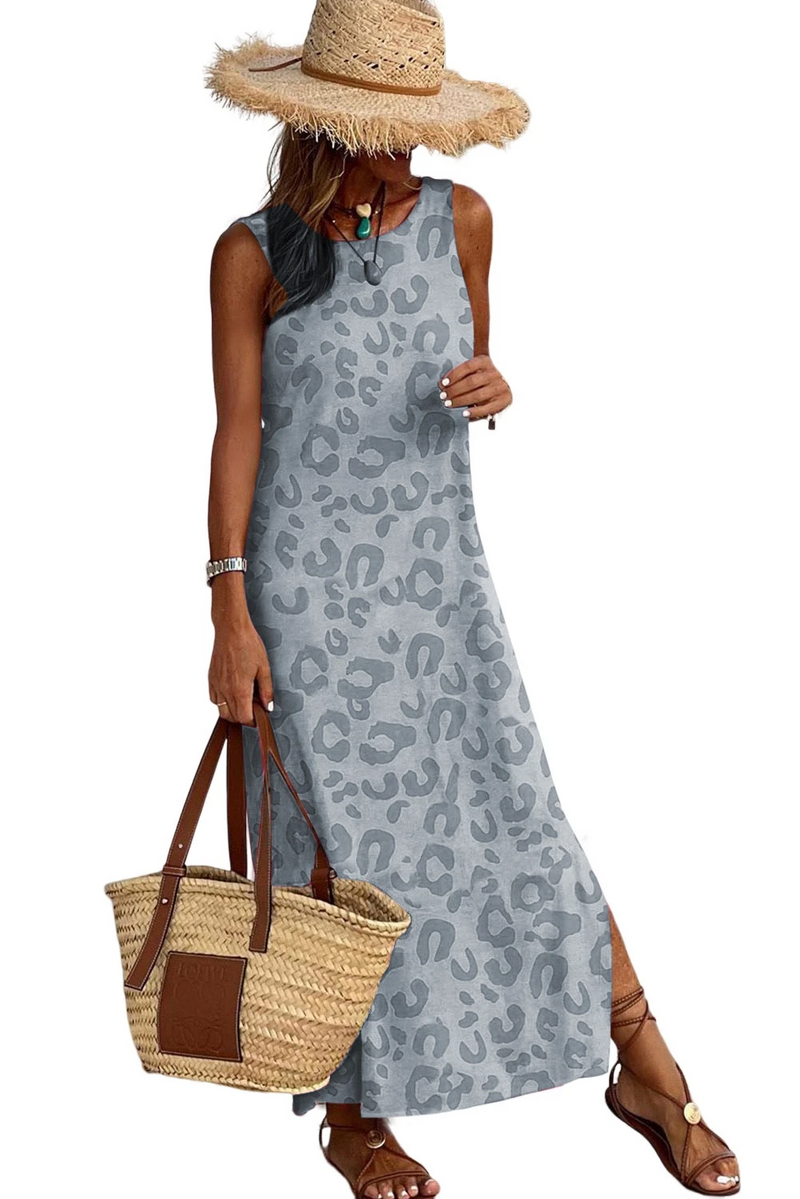 Gray Leopard Print Side Slits Tank Maxi Dress