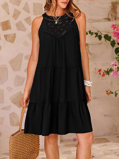 Loose Sleeveless Hollow Pleated Color Split-joint Round-neck Mini Dresses