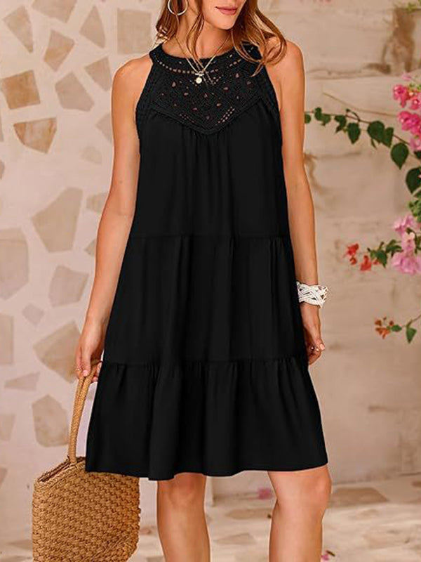 Loose Sleeveless Hollow Pleated Color Split-joint Round-neck Mini Dresses