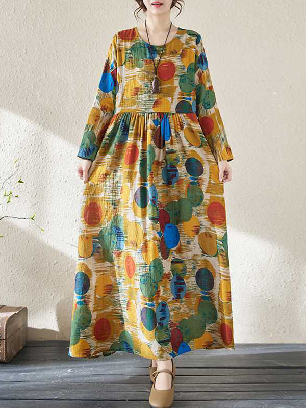 A-line Long Sleeves Pleated Polka-dot Split-joint Round-neck Maxi Dresses