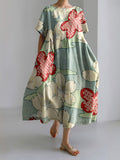 Japanese Art Flower Print Short Sleeve Loose Midi Dress