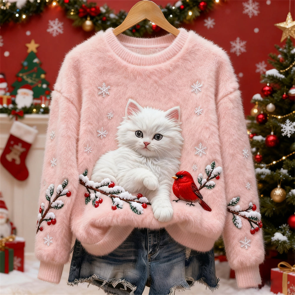 Comstylish Christmas Cat & Bird Art Women's Flannel Sweater