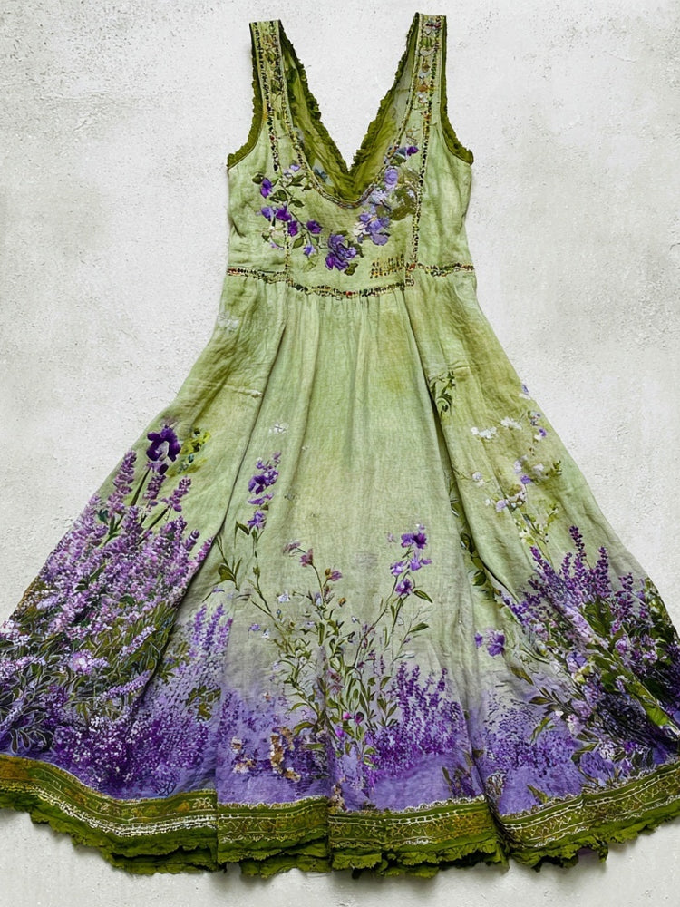 Vintage Lavender Flowers Embroidered Gradient Linen Midi Dress elevenforest