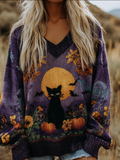 Halloween Theme Women's V-neck Knitted Sweater