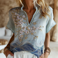 Vintage Gradient Marble Texture And Cherry Blossoms Pattern Linen T-shirt elevenforest