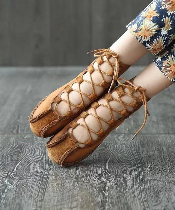 Lace Up Splicing Flat Shoes Khaki Cowhide Leather