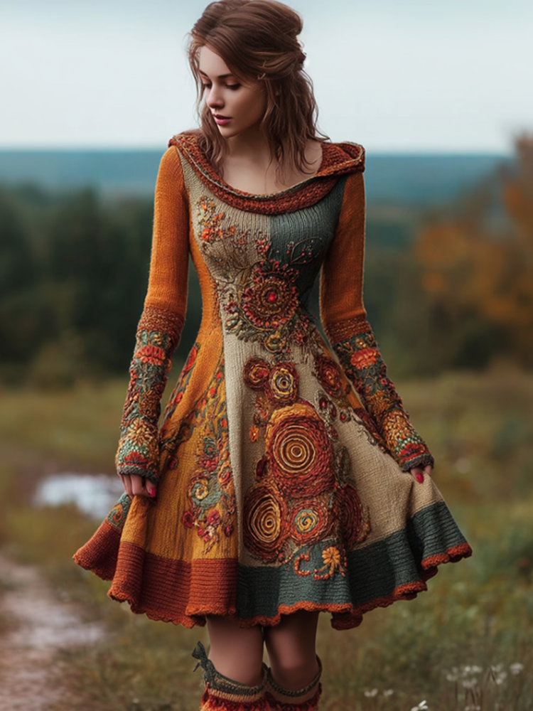 Bohemian Style Autumn And Winter Warm Women's Hooded Knitted Sweater Dress elevenforest