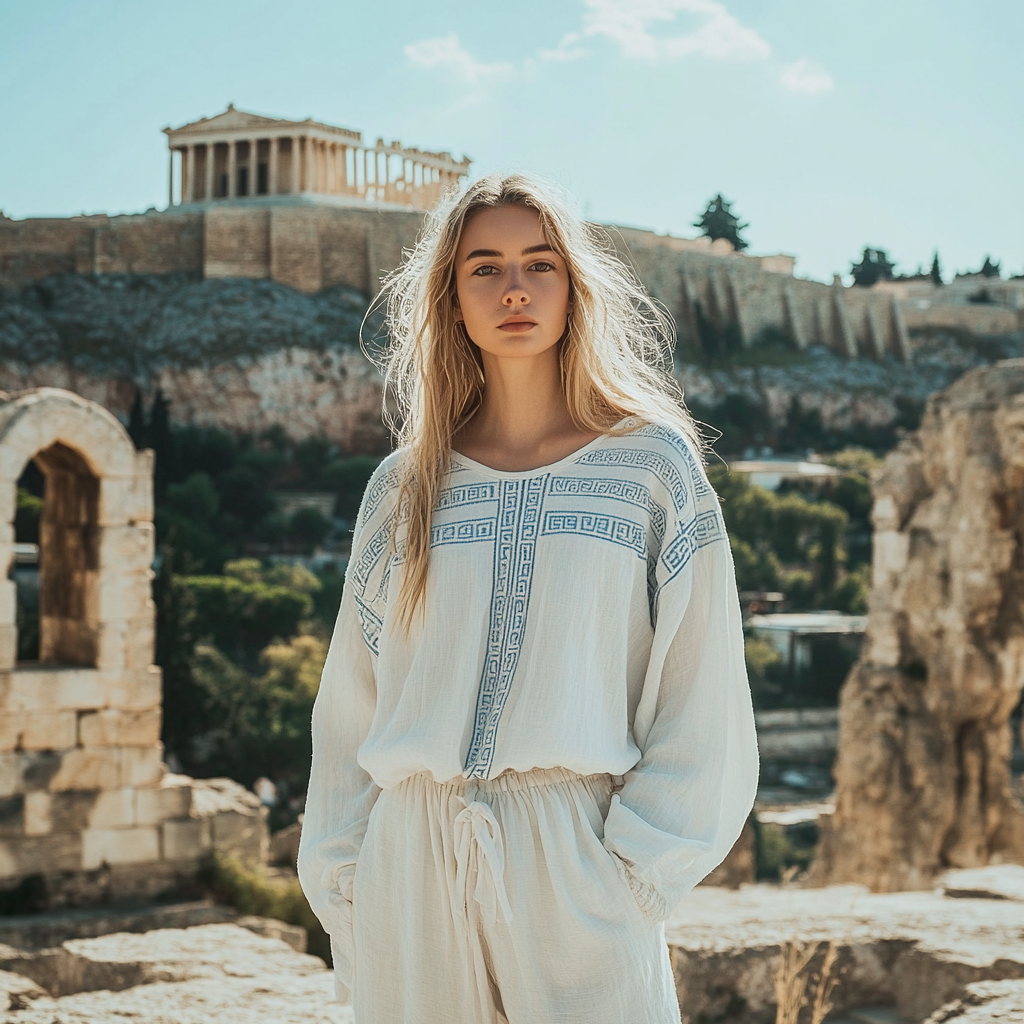 Women's Greek Key Linen Crew Neck Shirt elevenforest