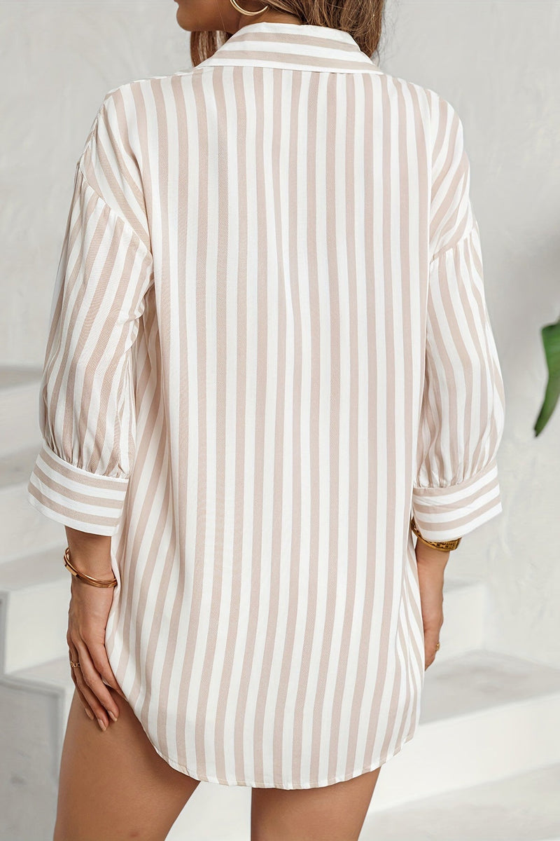 Striped Long Sleeve Pocket Button-down Blouse
