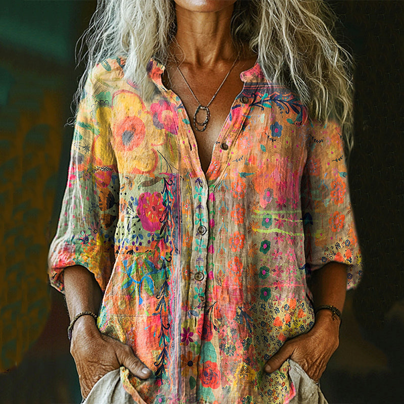 Women's Vintage Watercolor Flower Collage Art Print Casual Cotton And Linen Shirt elevenforest