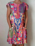 Women's Classic Kantha Vintage Floral Pattern Dress with Pockets