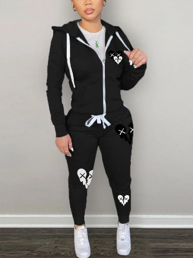 Simple Two Piece Set Sporty Long Sleeve Zipper Design Top Hooded Collar Broken Heart Print Female Tracksuit Set