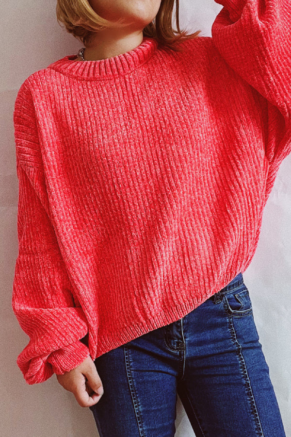 Color Round Neck Lantern Sleeve Short Knitted Sweater