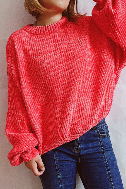 Color Round Neck Lantern Sleeve Short Knitted Sweater