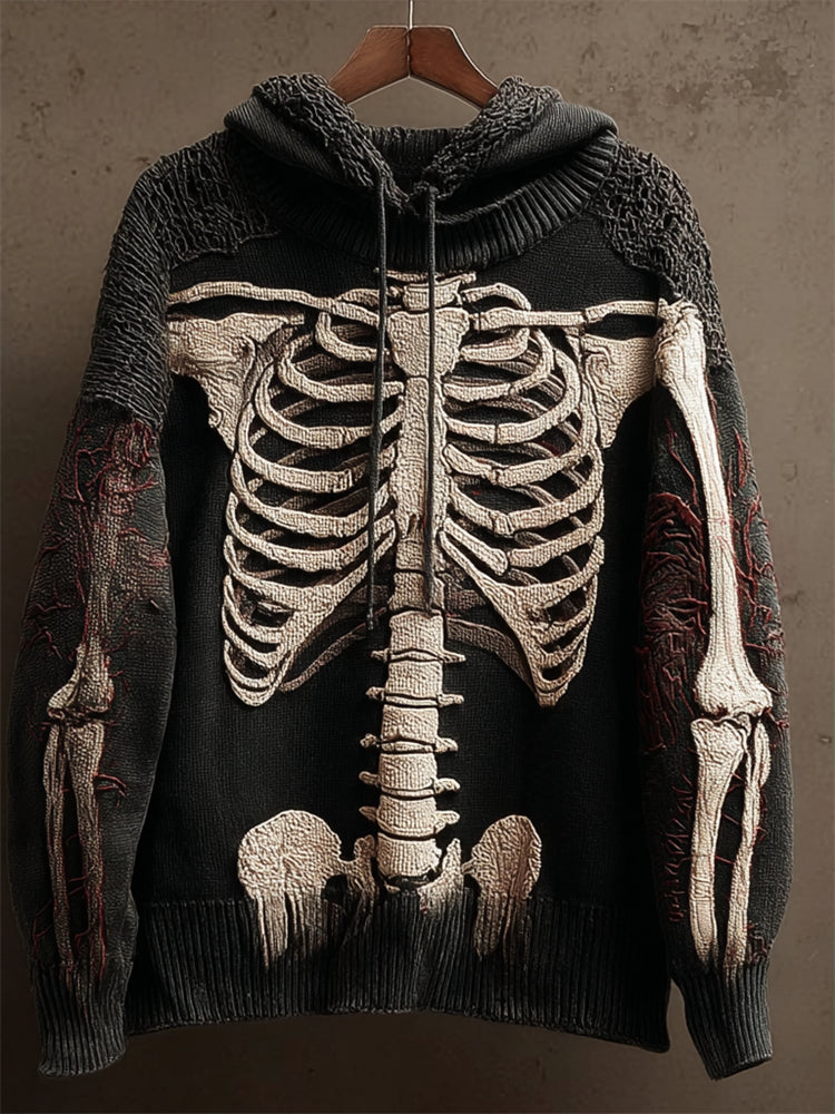 Halloween Skeleton Inspired Anatomy Cozy Knit Hooded Sweater artswardrobe