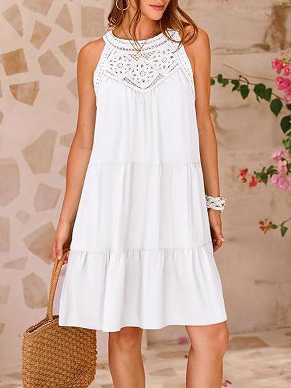 A-line Loose Hollow Pleated Color Split-joint Round-neck Mini Dresses
