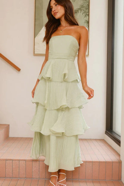 Strapless Backless Ruffle Tiered Midi Dress